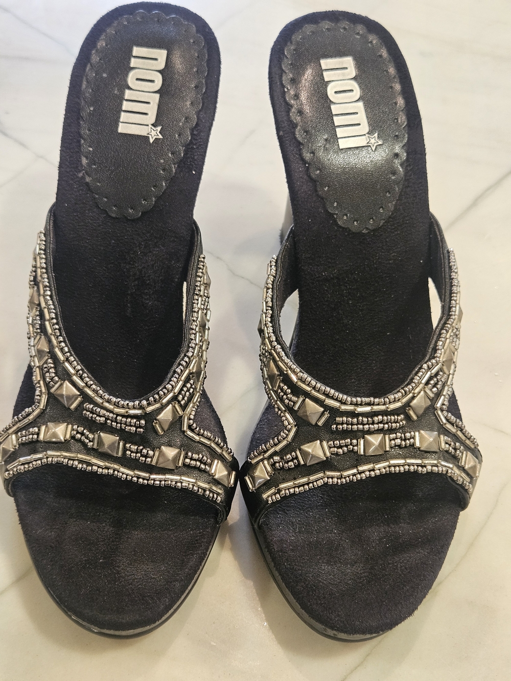 Vintage Nomi Black Studded Beaded Heeled Slide Sandals Mules Y2K Size 7M
